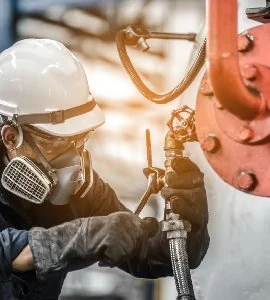 A technician in protective equipment working on industrial pipework valves.