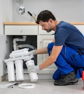 A plumber fitting a filtration unit to pipework beneath a sink.